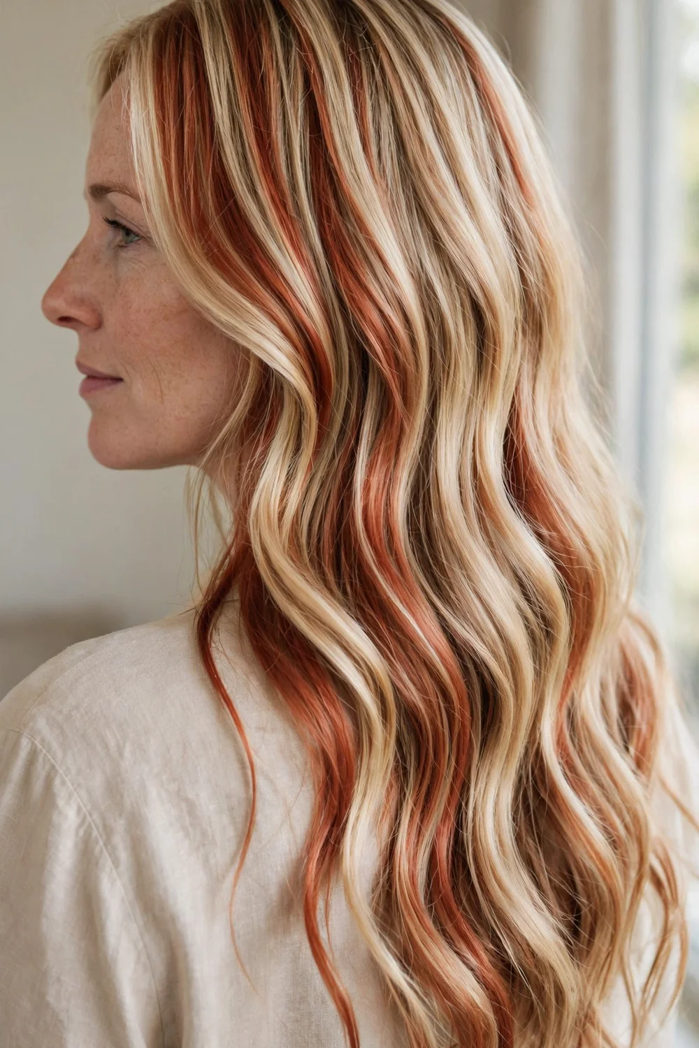 Woman with strawberry blonde highlight accents