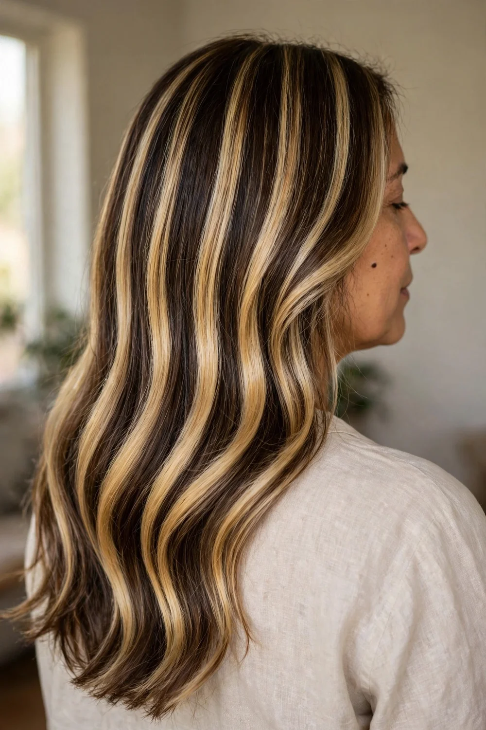 Woman with ribbon blonde highlights seen from behind