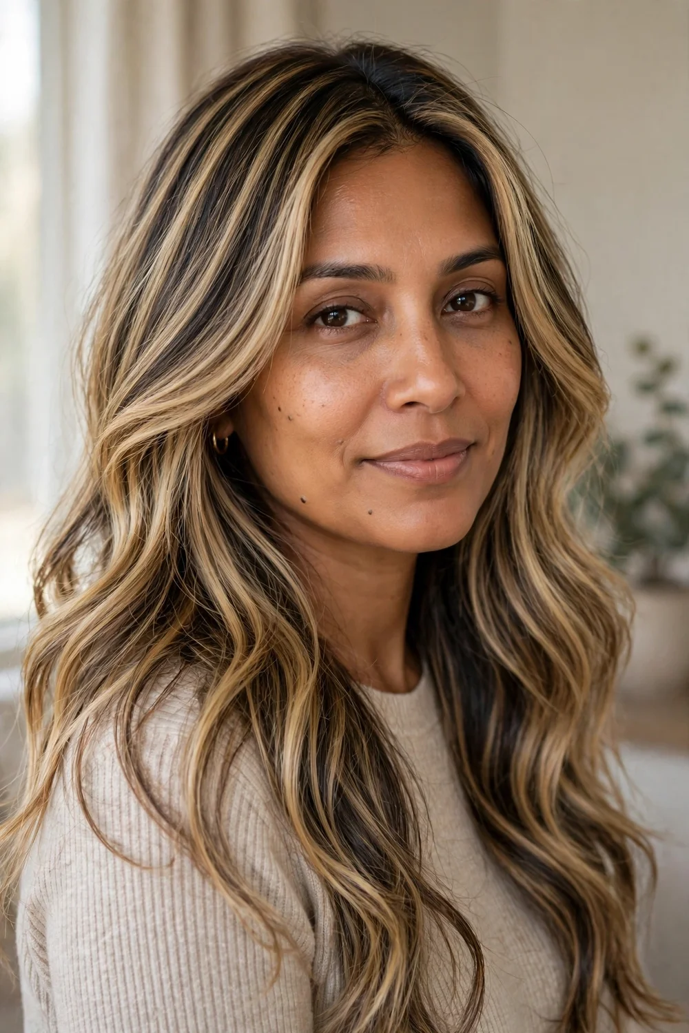 Woman with golden beige blonde highlights