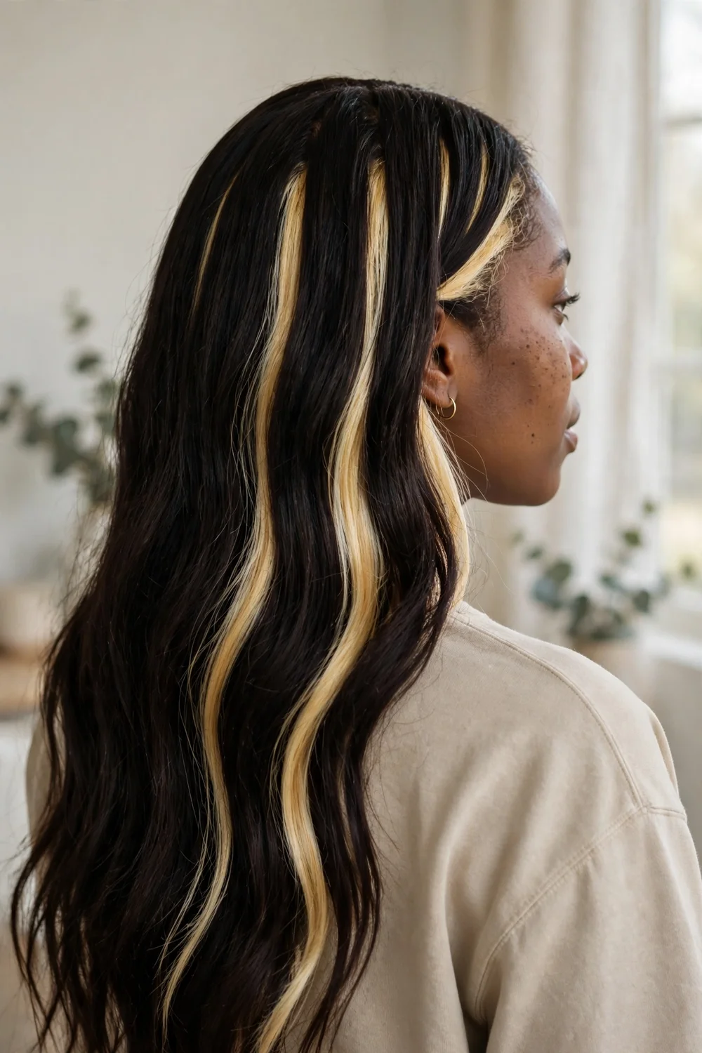 Woman with peekaboo blonde highlight panels underneath