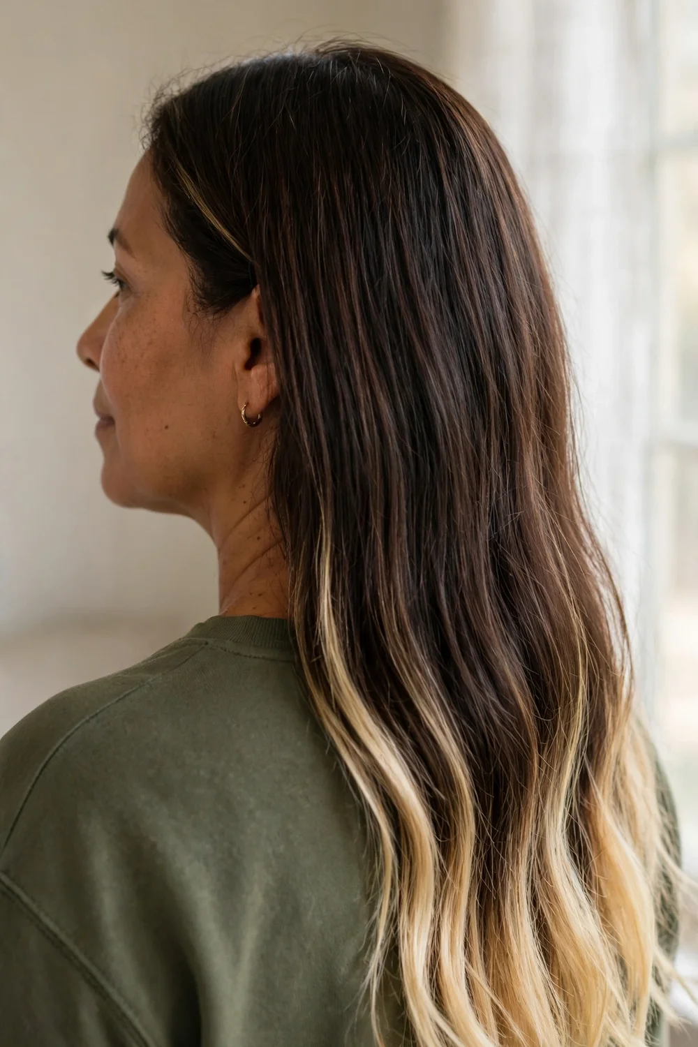 Woman with blonde tip-out highlights on the ends