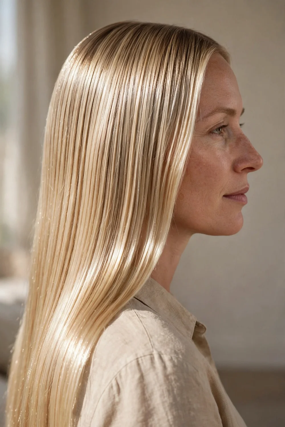 Woman with glossy liquid blonde highlights