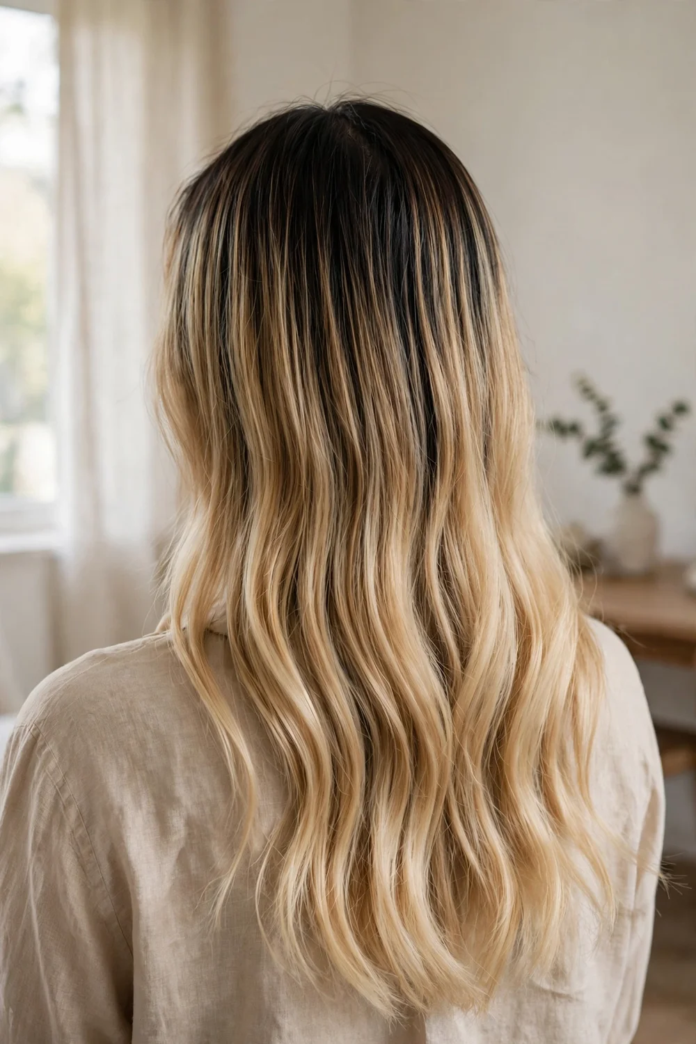 Woman with gradient blonde ombre highlights from behind