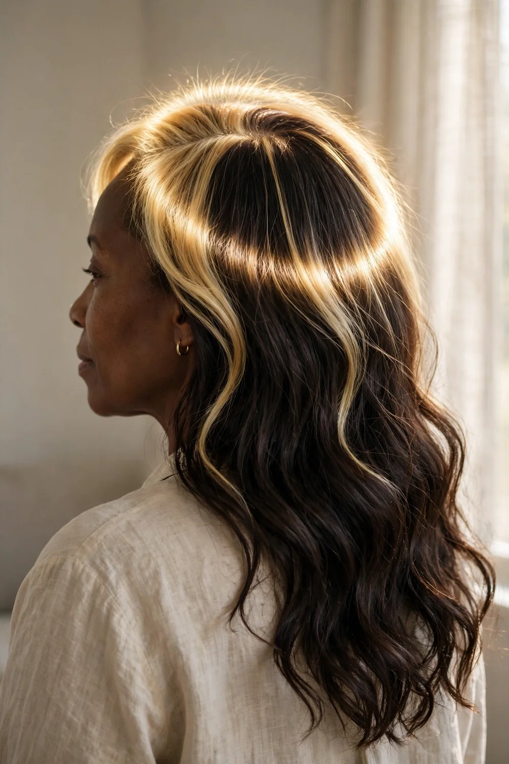 Woman with halo blonde highlights seen from behind