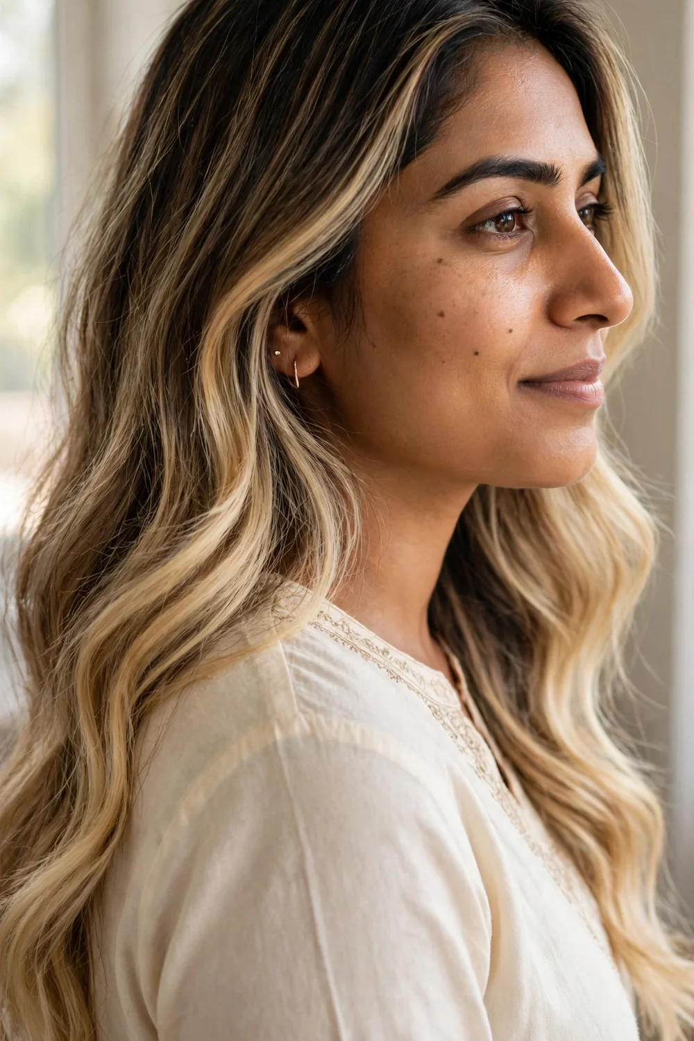 Woman with wet balayage blonde highlights