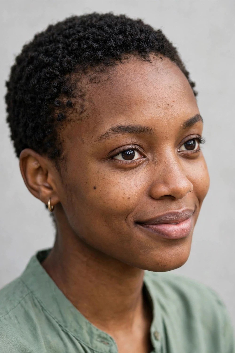 Black woman with a fresh big chop, very short natural cut after removing relaxed ends