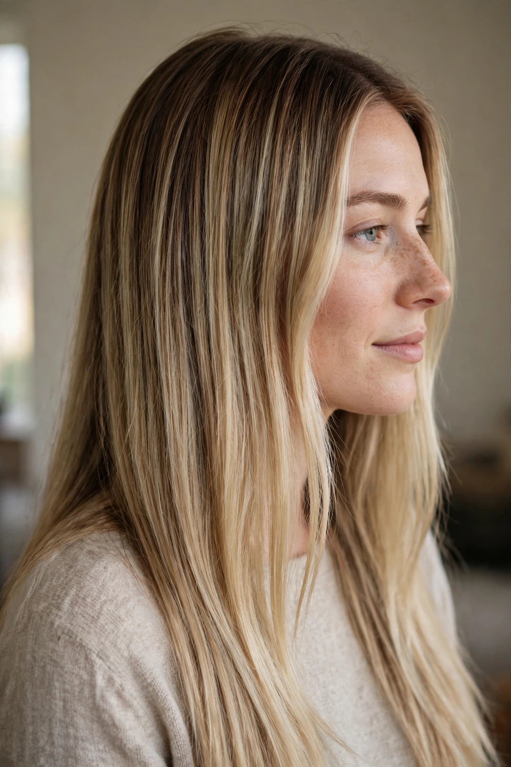 Long straight hair with biscuit blonde balayage and darker rooted blend