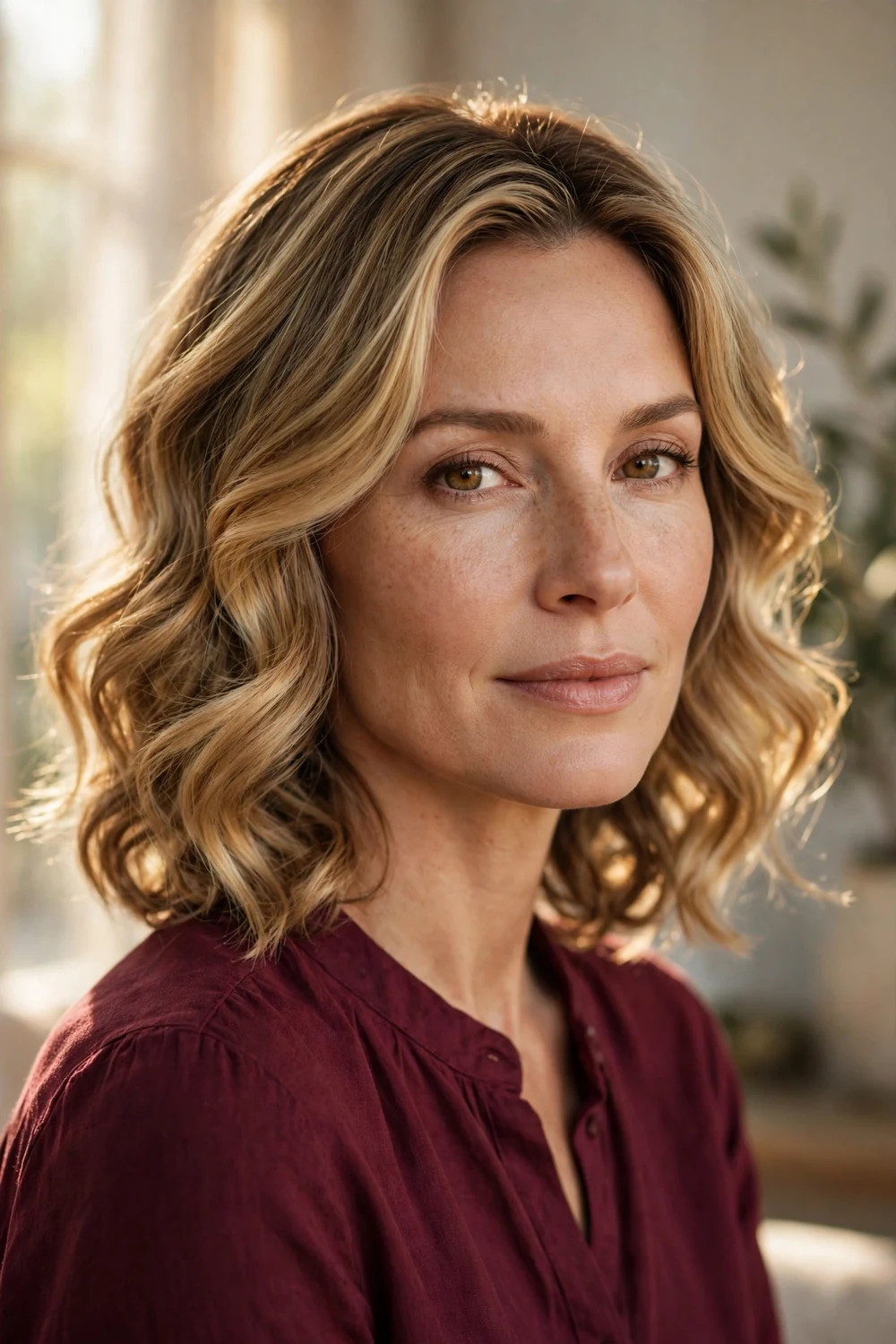 Woman in her 40s with golden honey-wheat biscuit blonde balayage