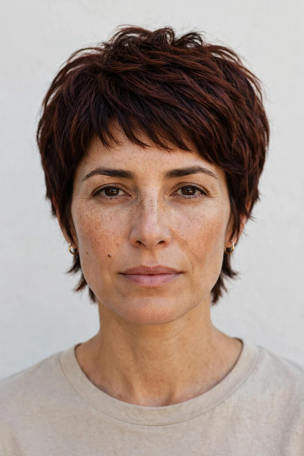 Woman with a bixby cut on straight hair, short layered pixie-bob hybrid with choppy crown
