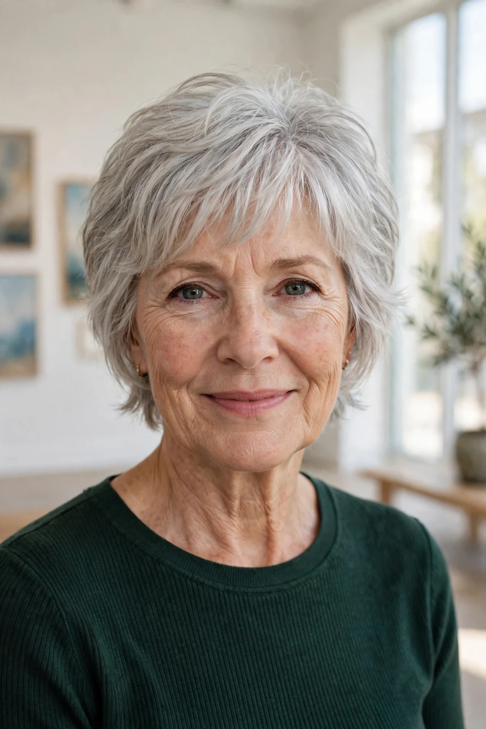 Caucasian woman in her late 60s with a silver bixie cut with light bangs