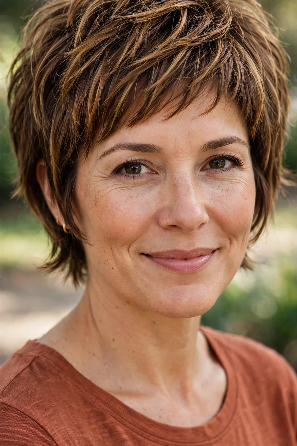 Woman with a bixie haircut blending bob length with pixie layers