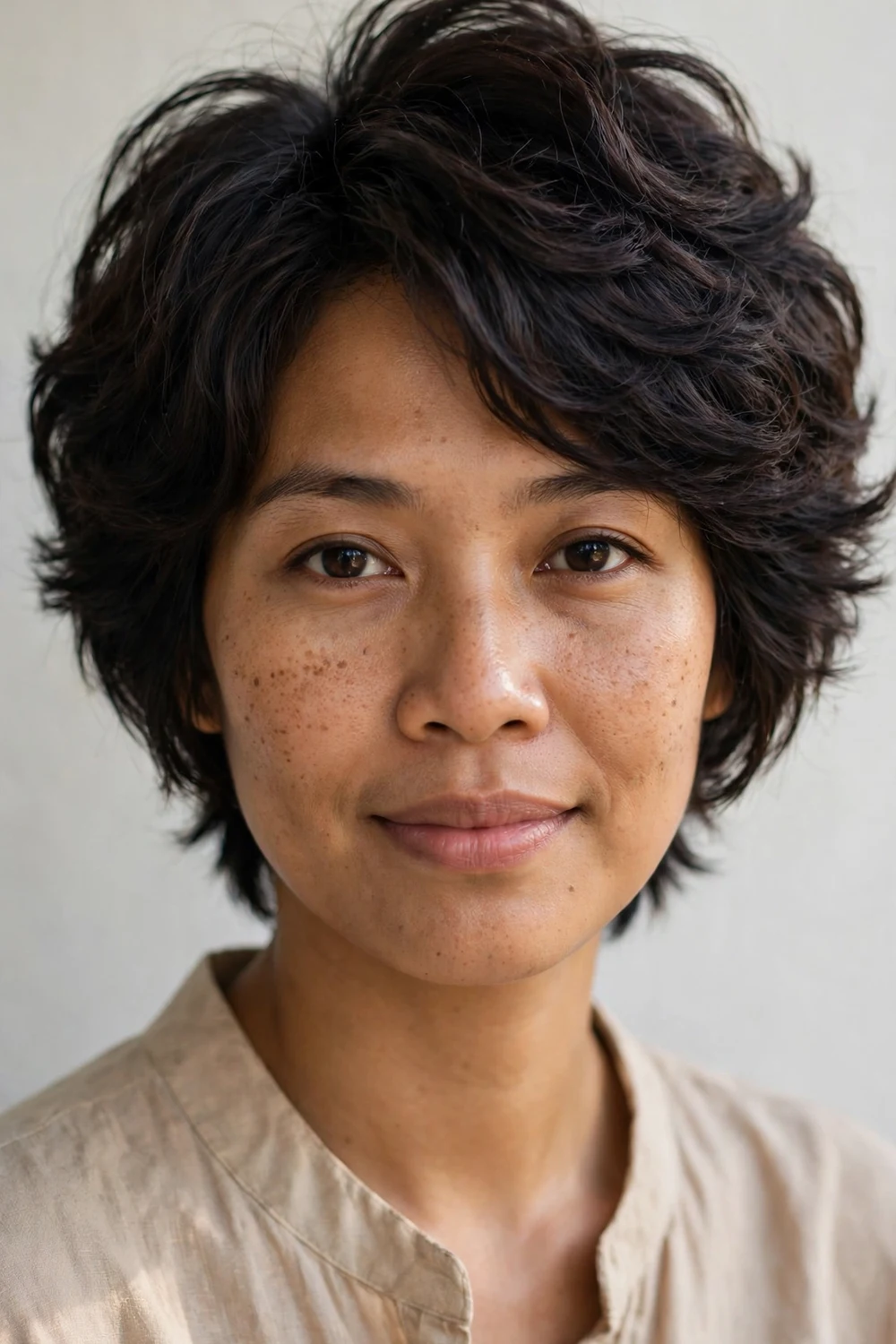 Woman with oblong face wearing a bixie haircut with full volume at the sides