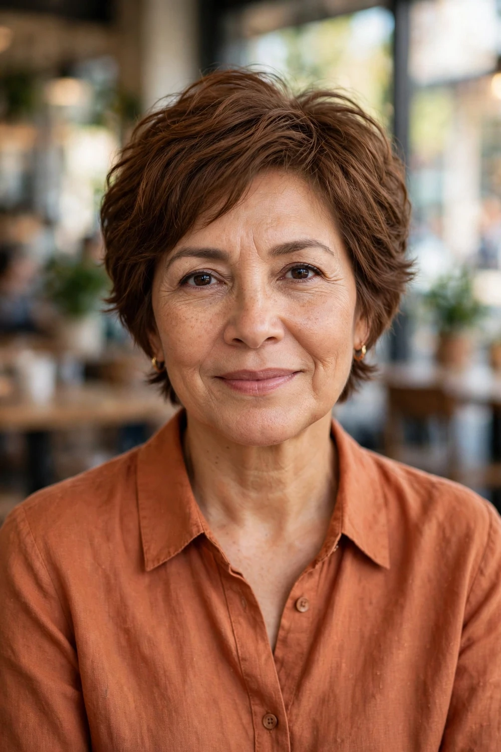 Woman over 50 with a bixie bob-pixie hybrid haircut on thin hair