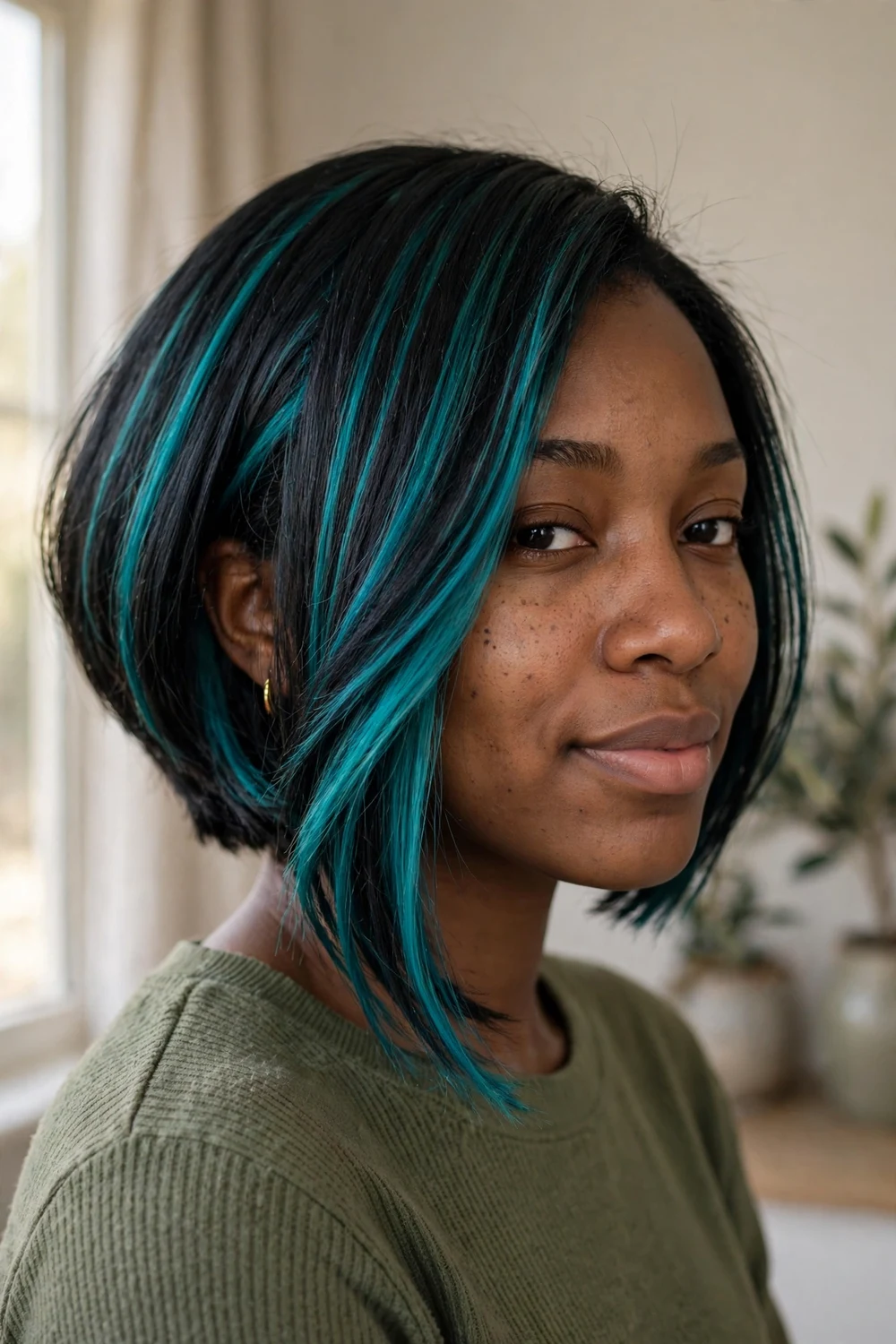 Black A-line bob with teal highlight accents