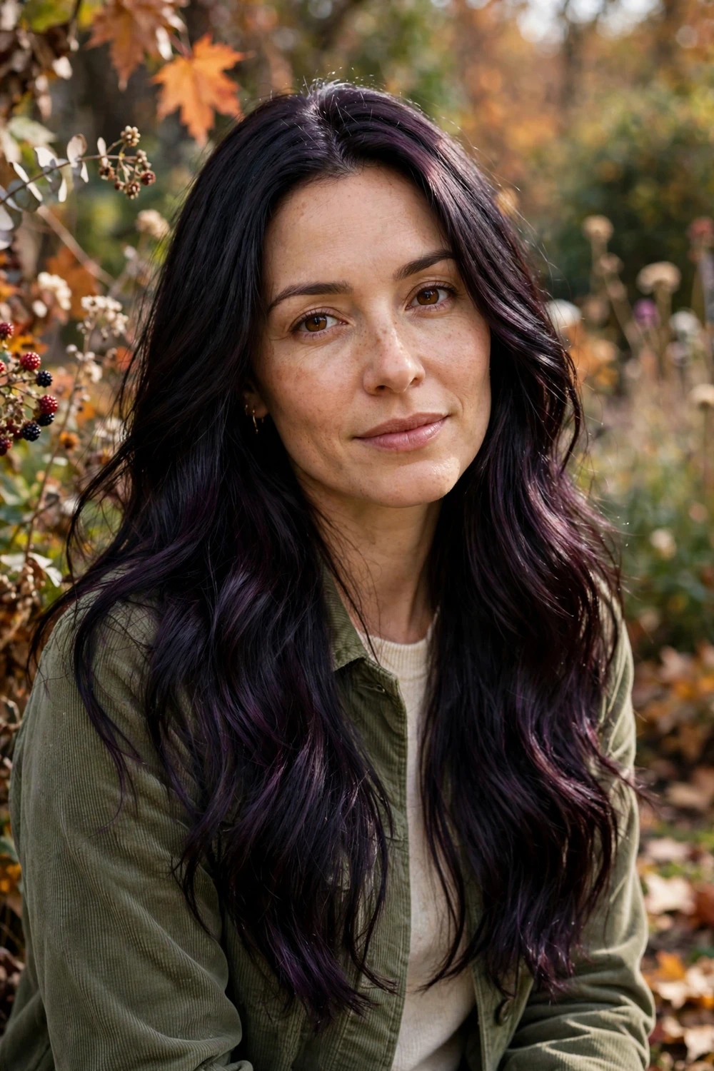 Woman with blackberry fall hair color