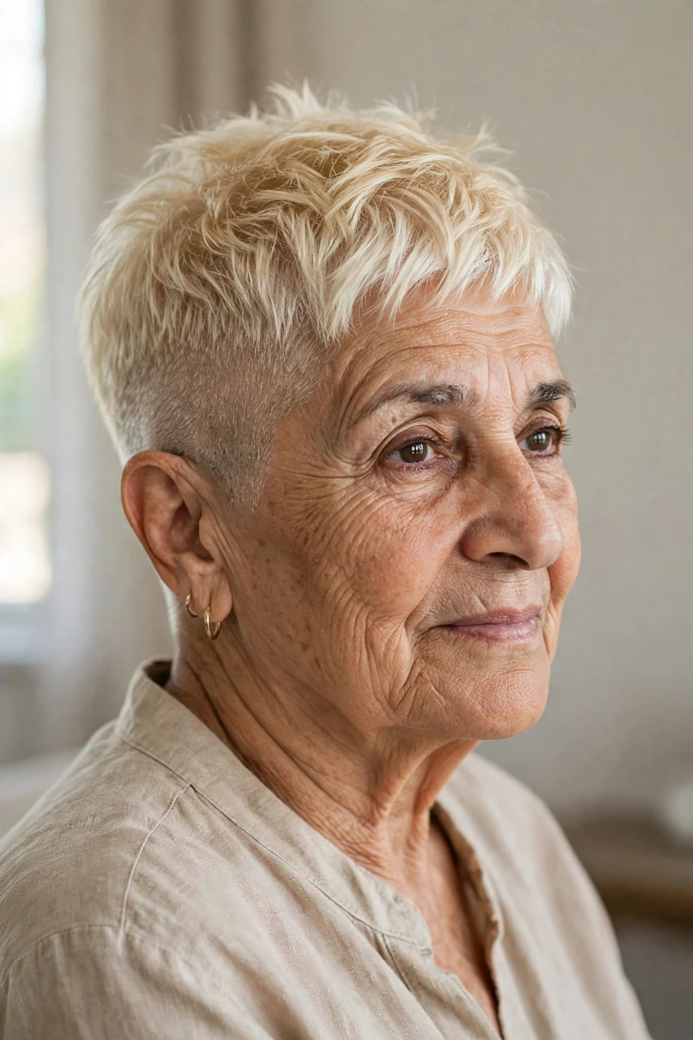 Bleach-blonde pixie with faded sides haircut
