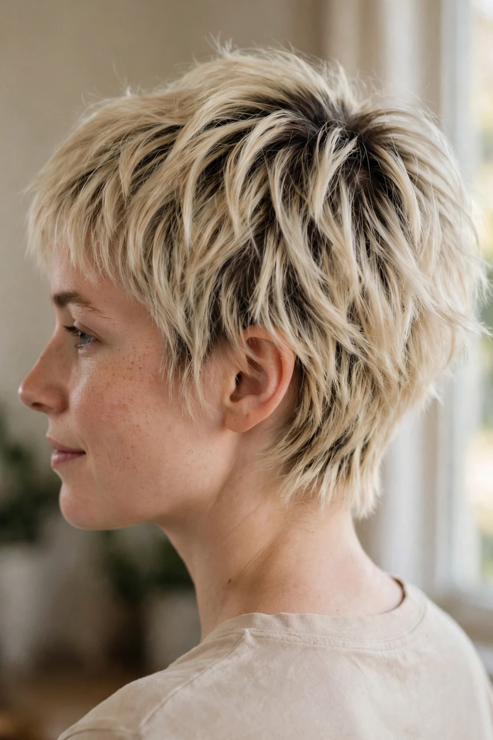 Bleached blonde choppy pixie with two inches of dark natural roots