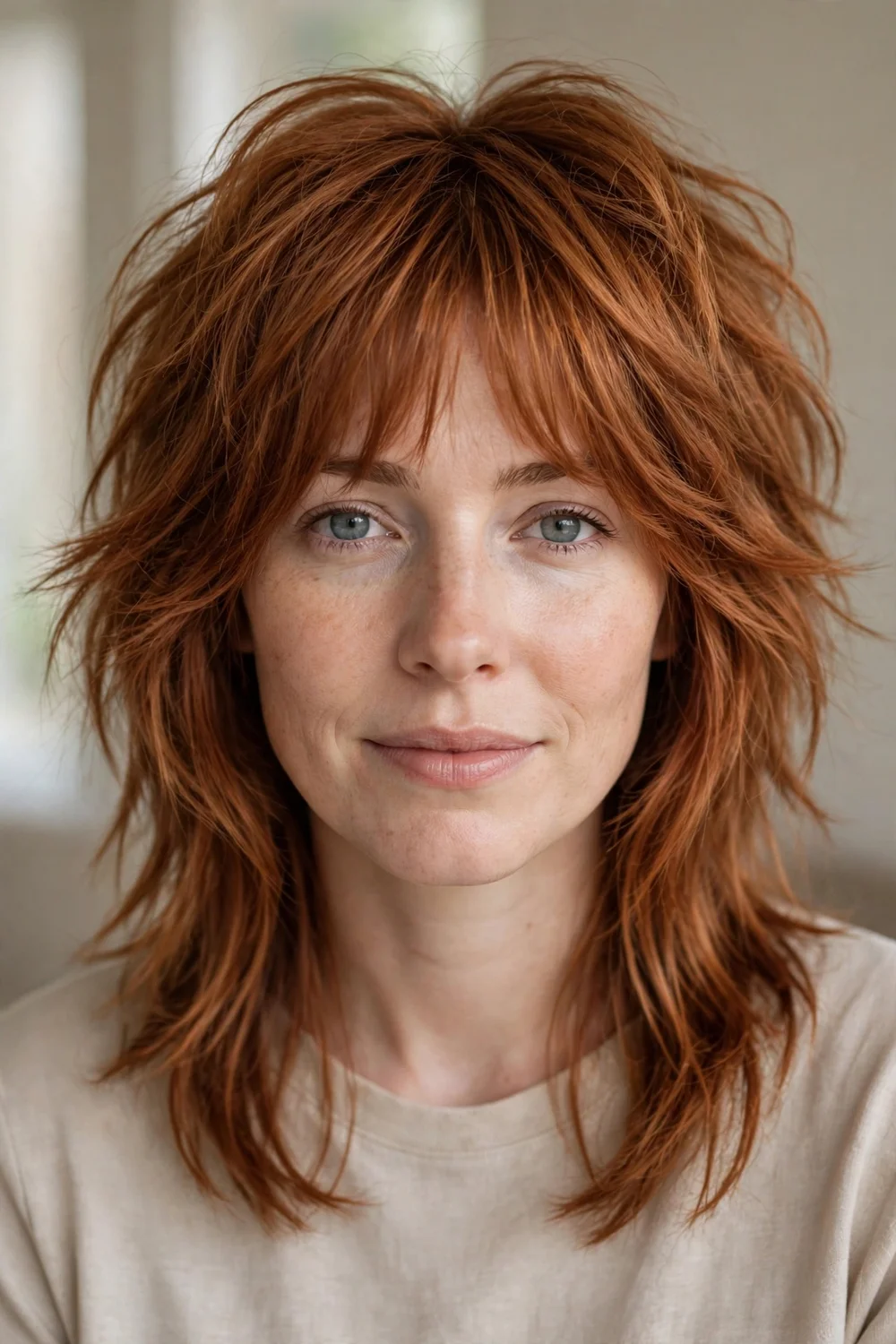 Wolf cut with blended bangs melting into side layers on copper medium hair