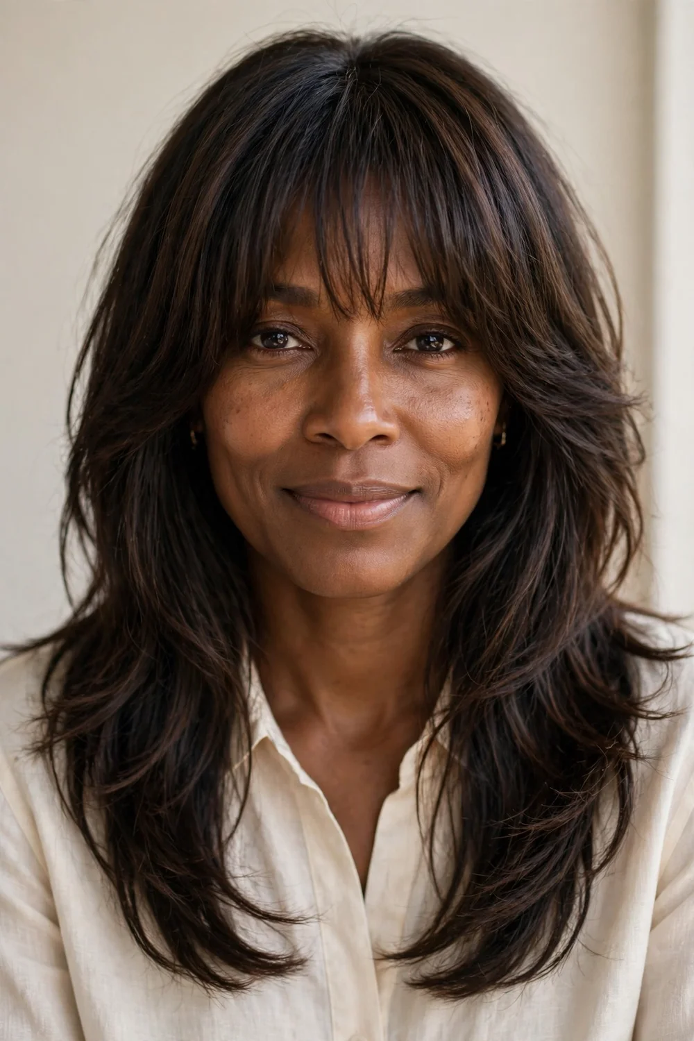 Woman with long blended bangs melting into layered hair