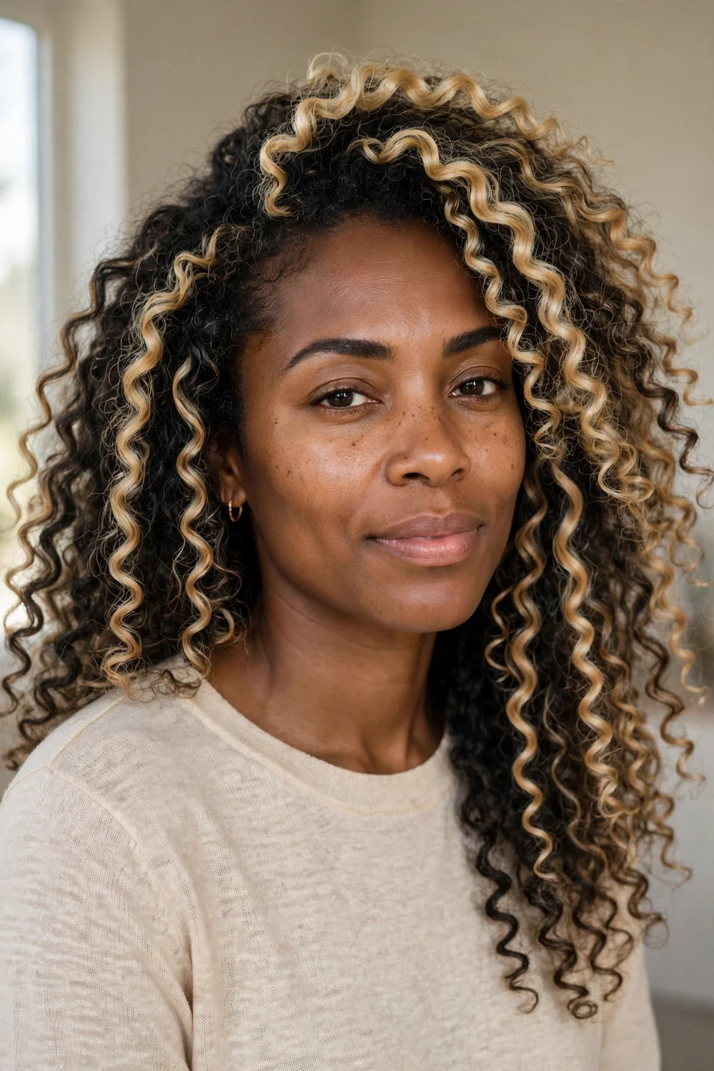 Woman with blonde balayage dimension on long curly hair