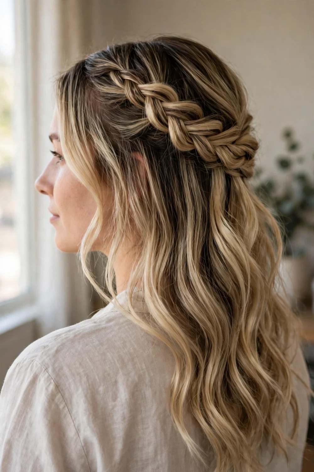 Woman with blonde balayage hair styled in a half-up French braid