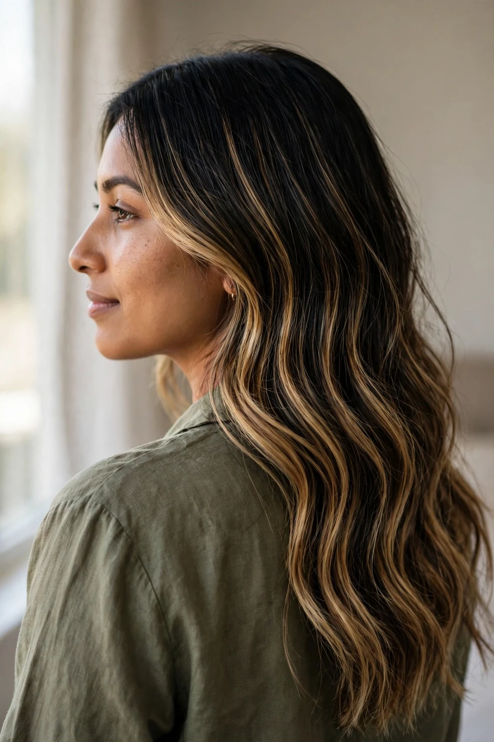 Soft honey blonde balayage waves on dark hair