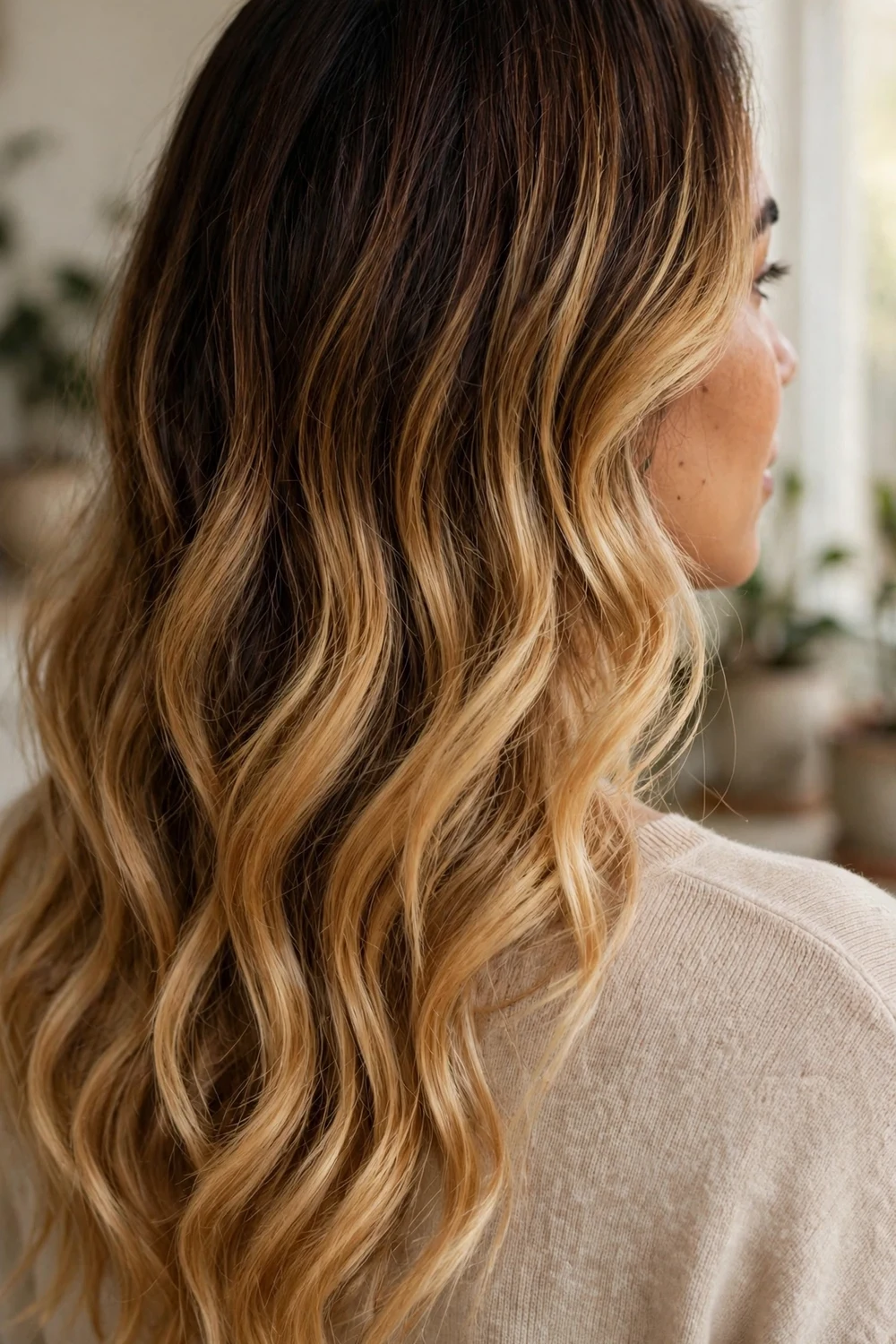 Golden honey ombre balayage with dark roots