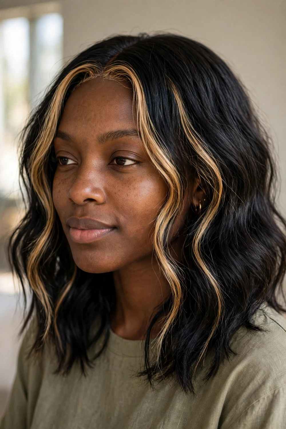 Honey blonde face-framing highlights on dark hair