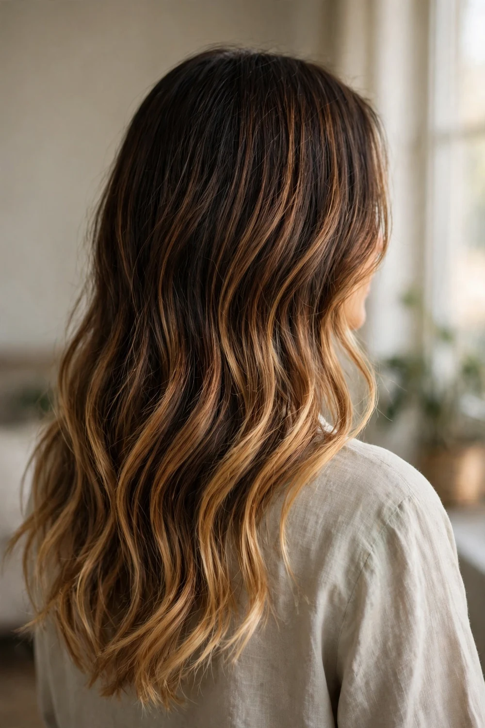 Caramel to honey balayage melt on dark hair