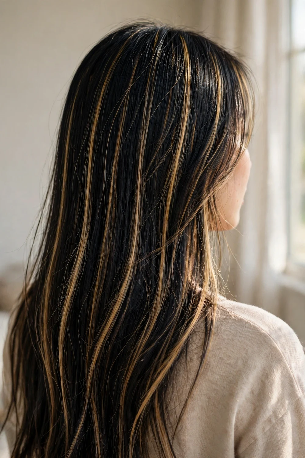 Honey blonde ribbons of light through black hair