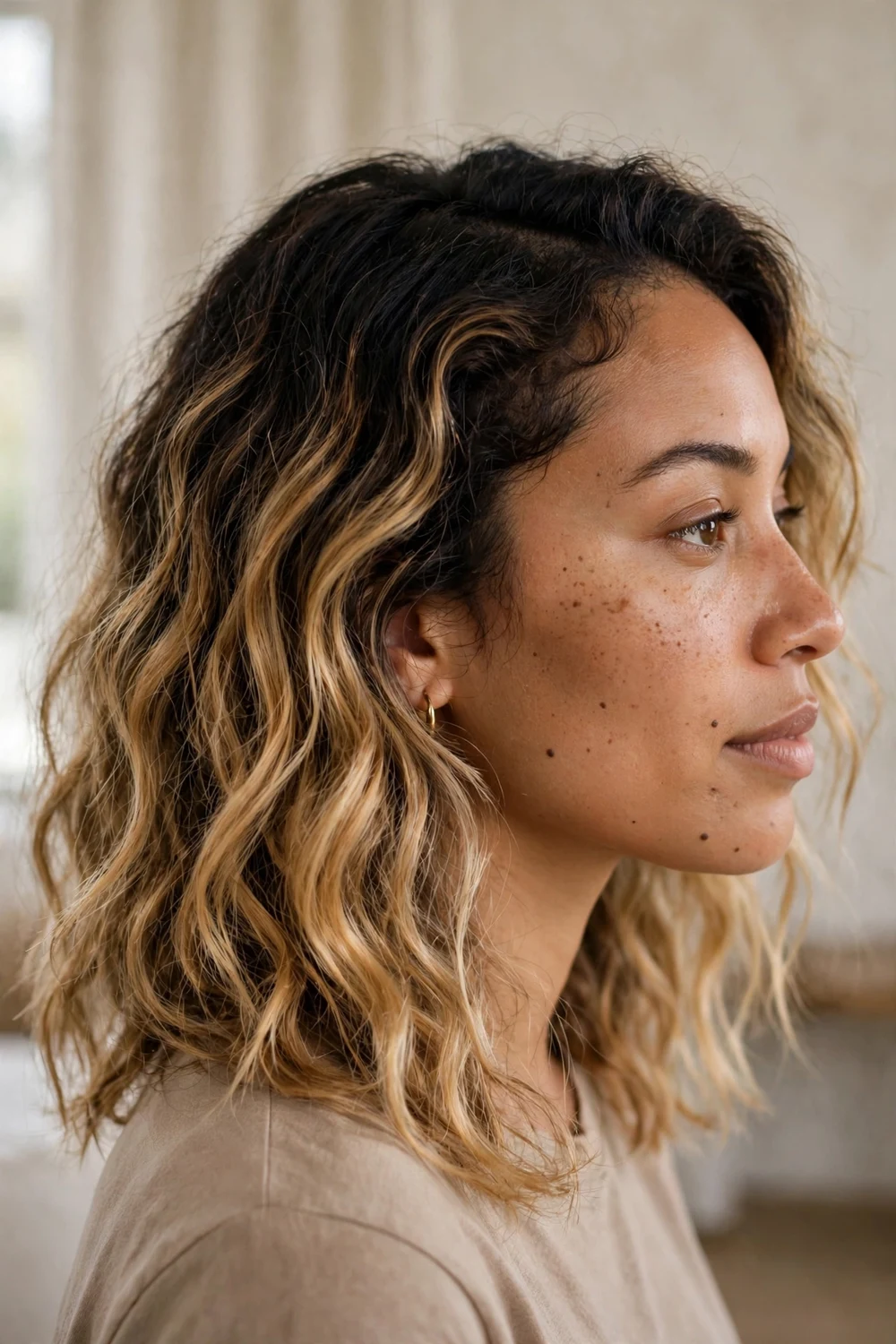 Lived-in shadow root blonde balayage on dark hair