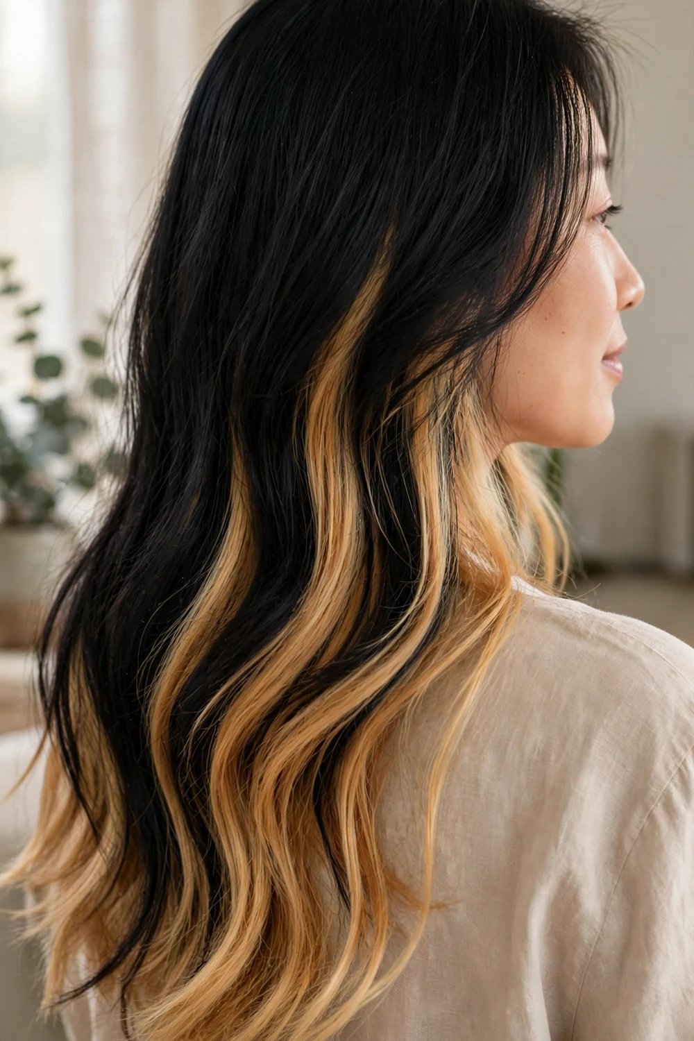 Honey blonde brightness in back sections of dark hair