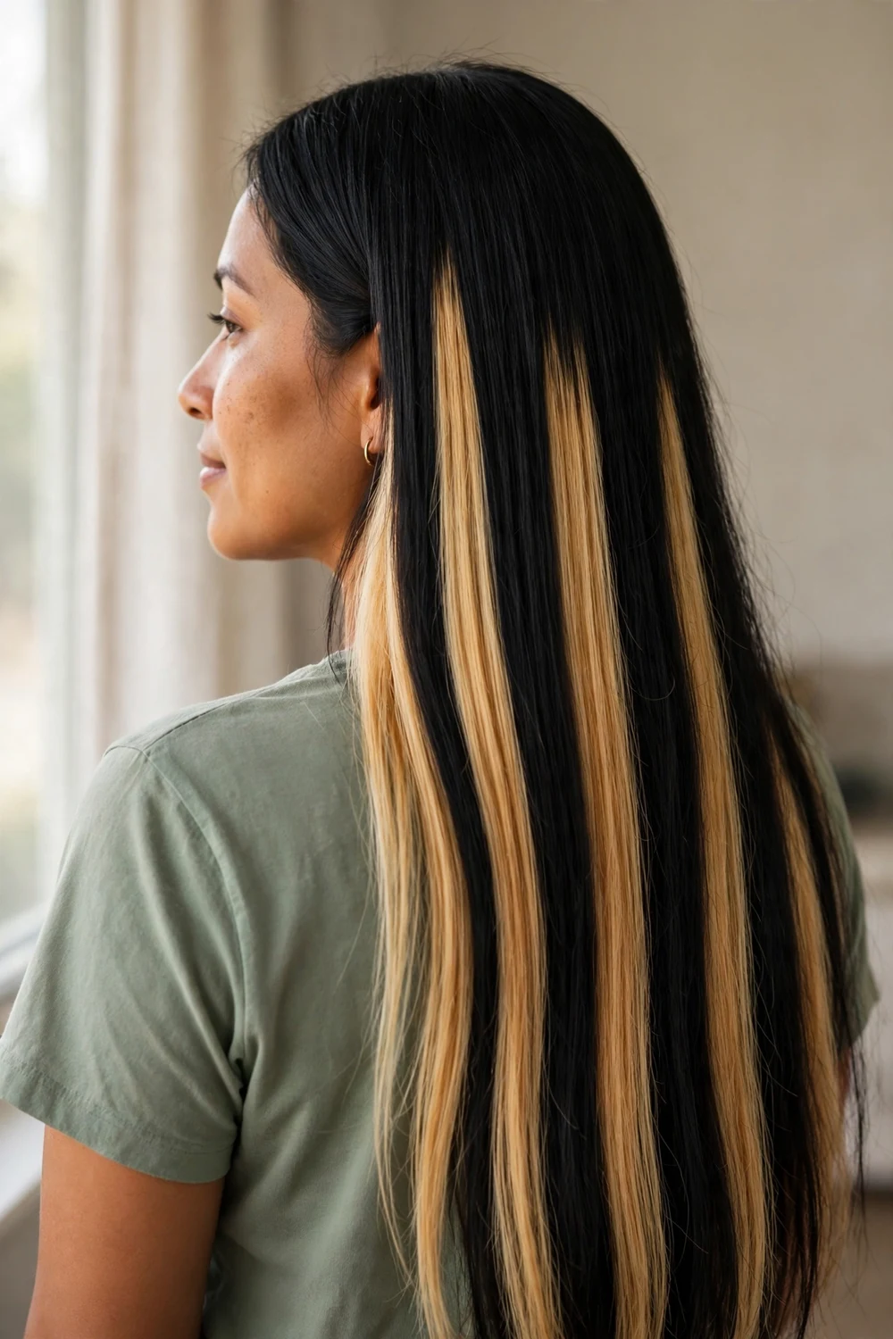 Wide honey blonde panels painted on black hair