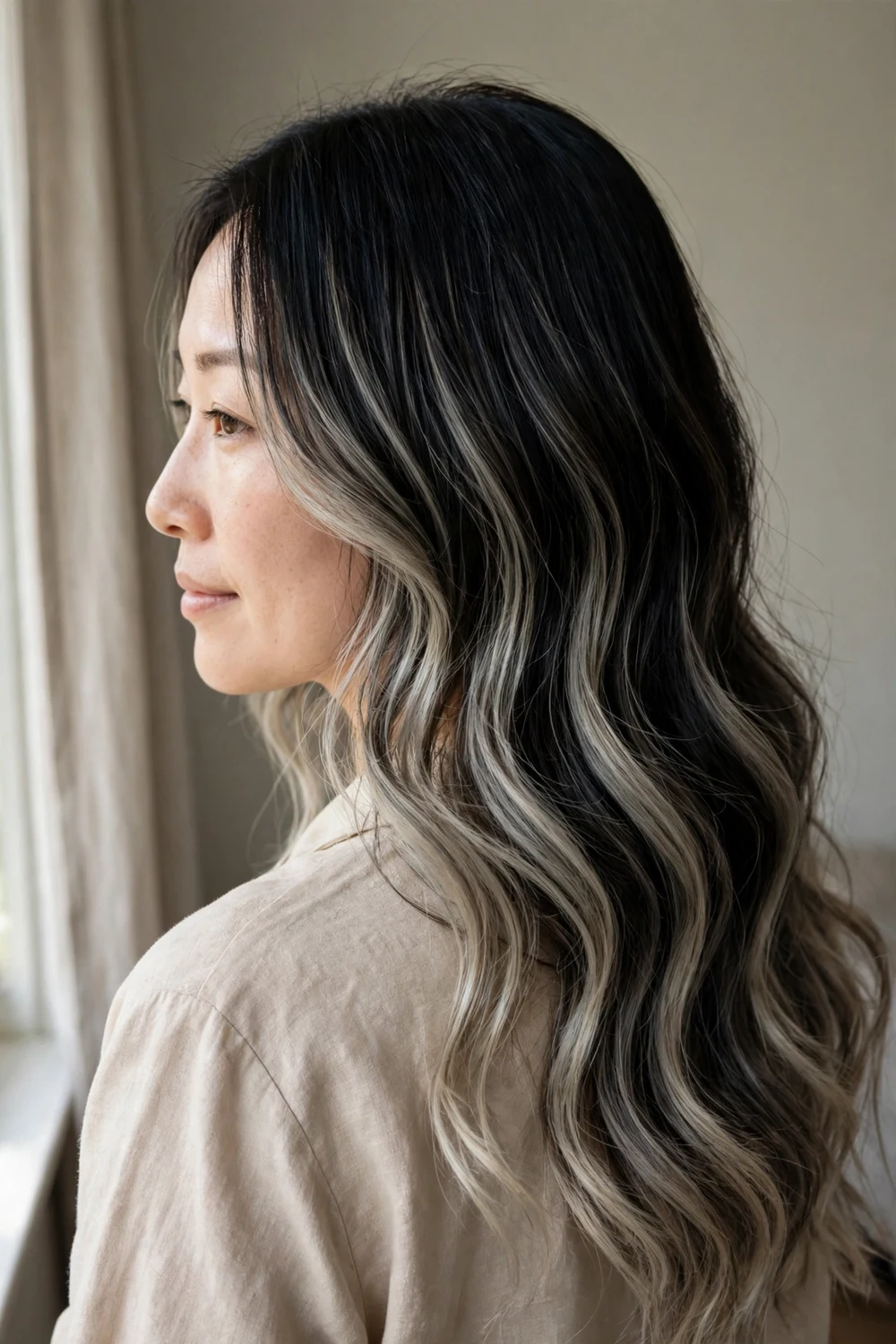Reverse smoky ash blonde balayage on black hair
