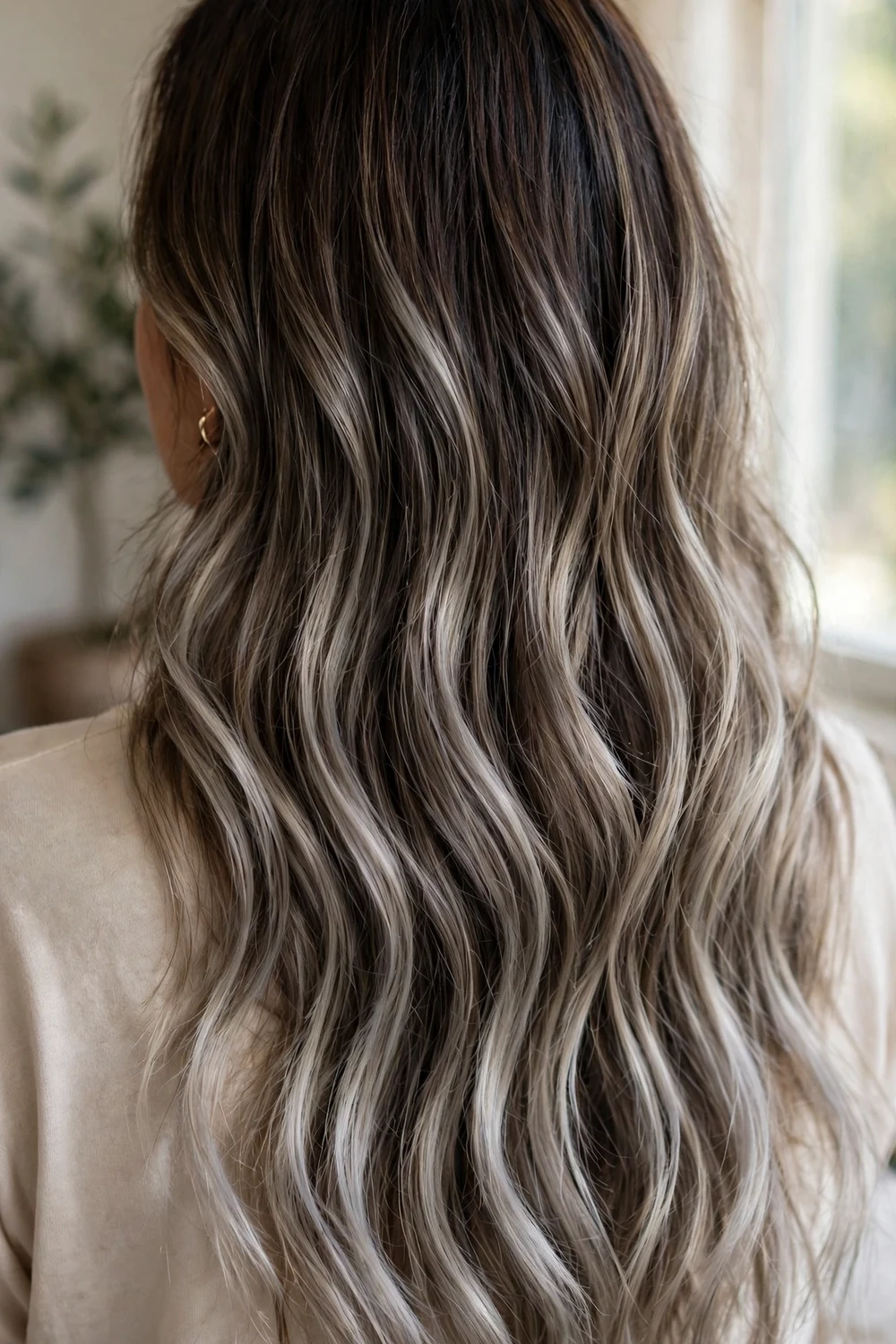 Dimensional cool ash blonde balayage on dark brown hair
