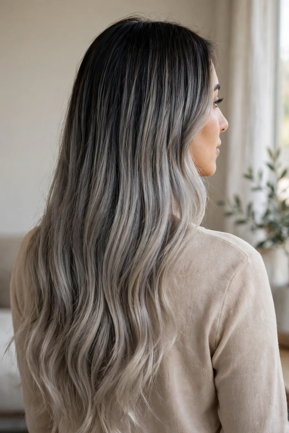 Smoky ash blonde melt on long black hair