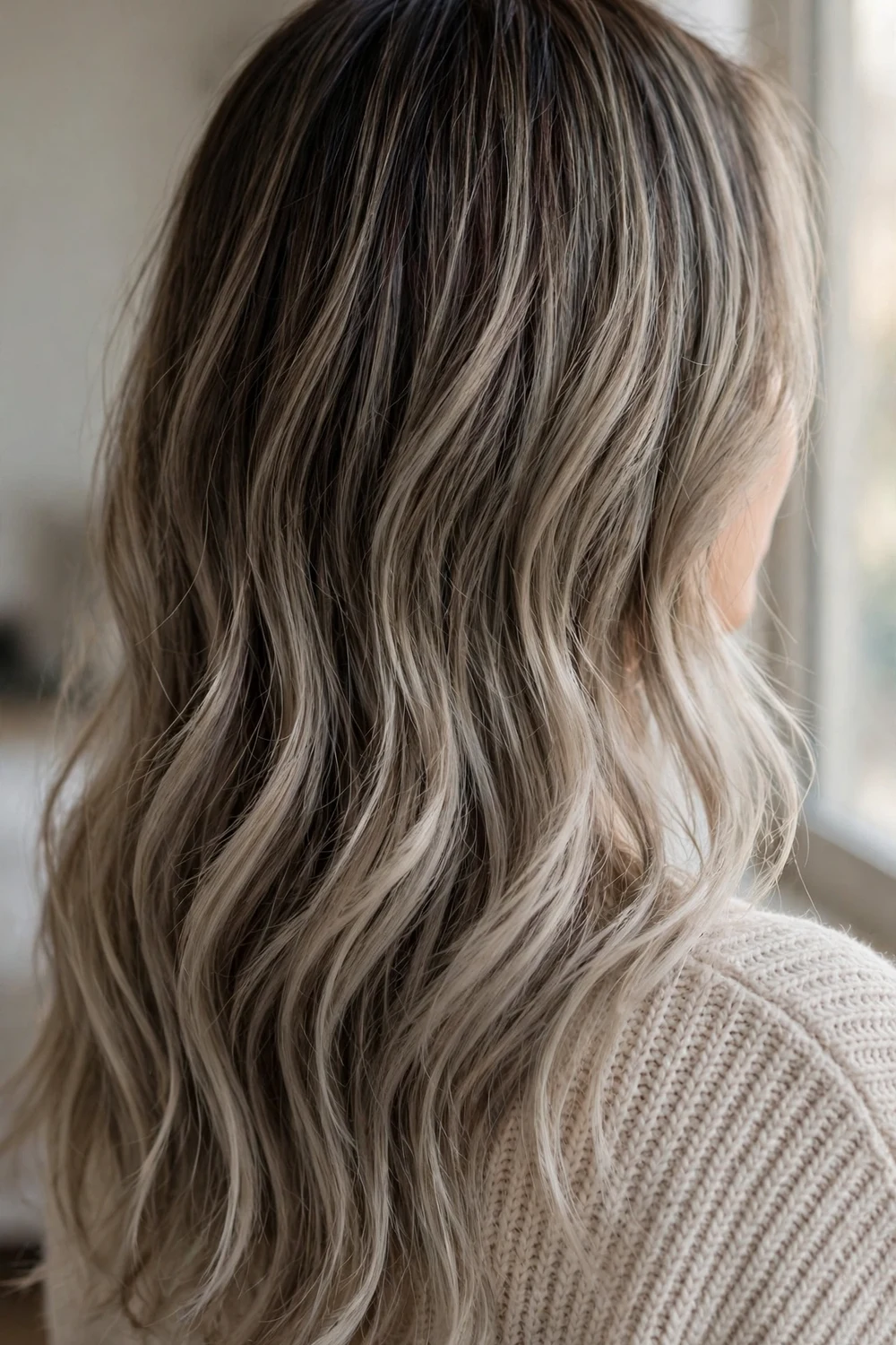 Mushroom beige blonde balayage on dark brown hair