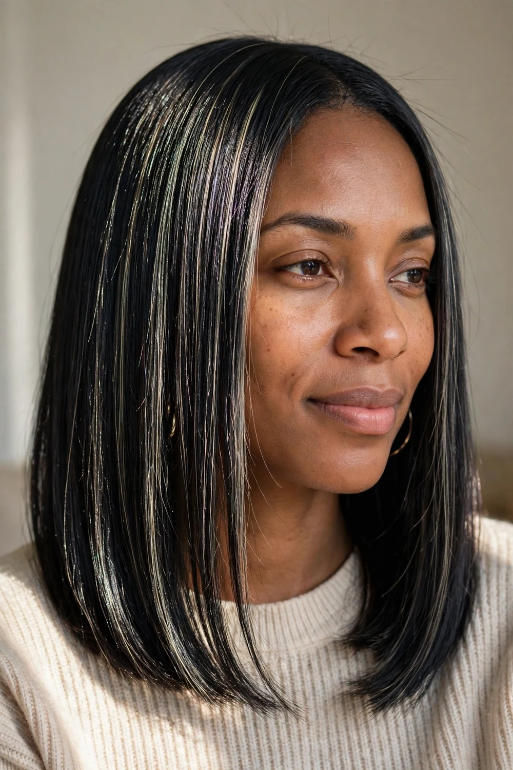 Fine ash blonde strands on near-black sleek hair