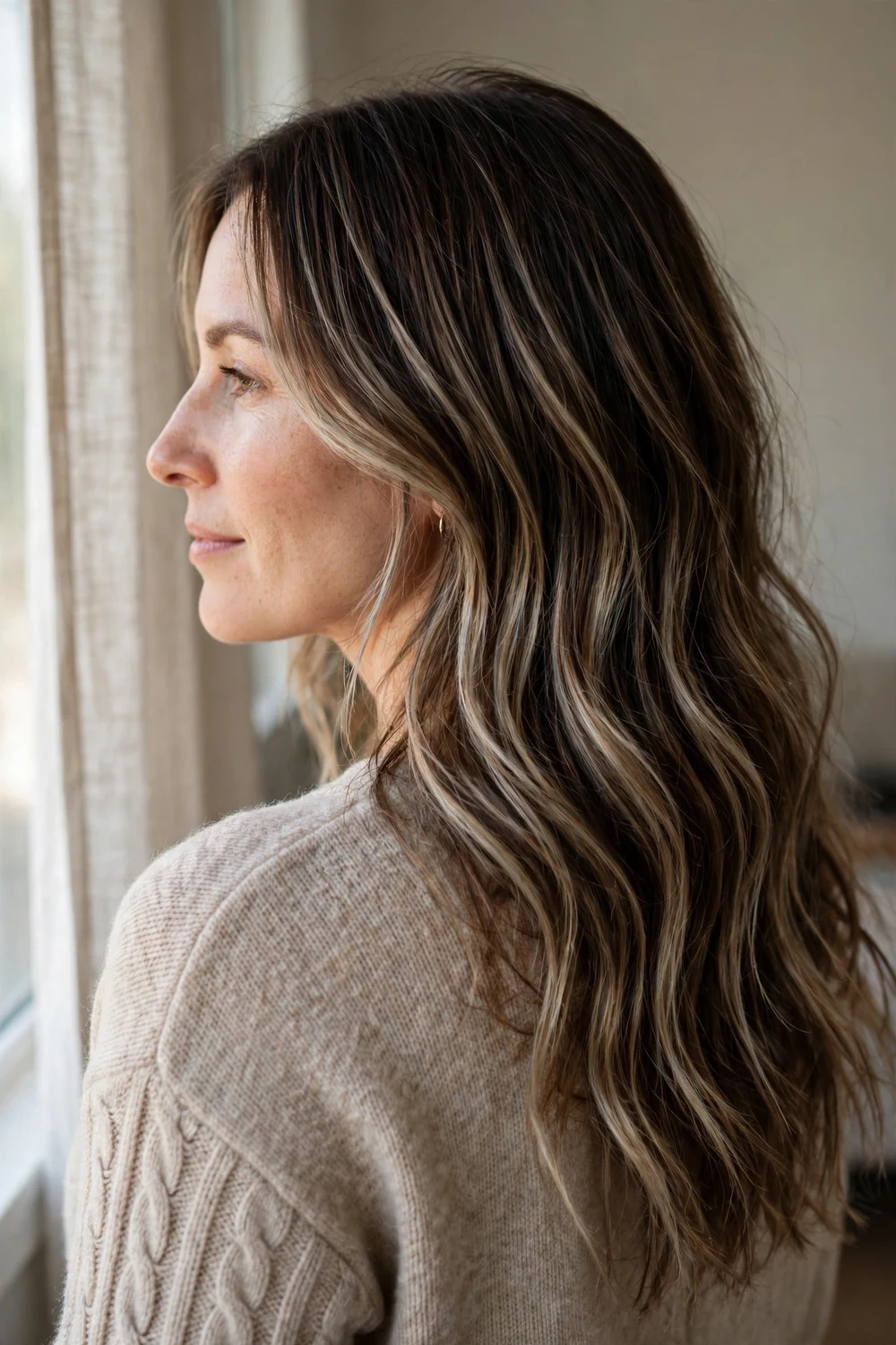 Dirty blonde balayage on dark brown hair