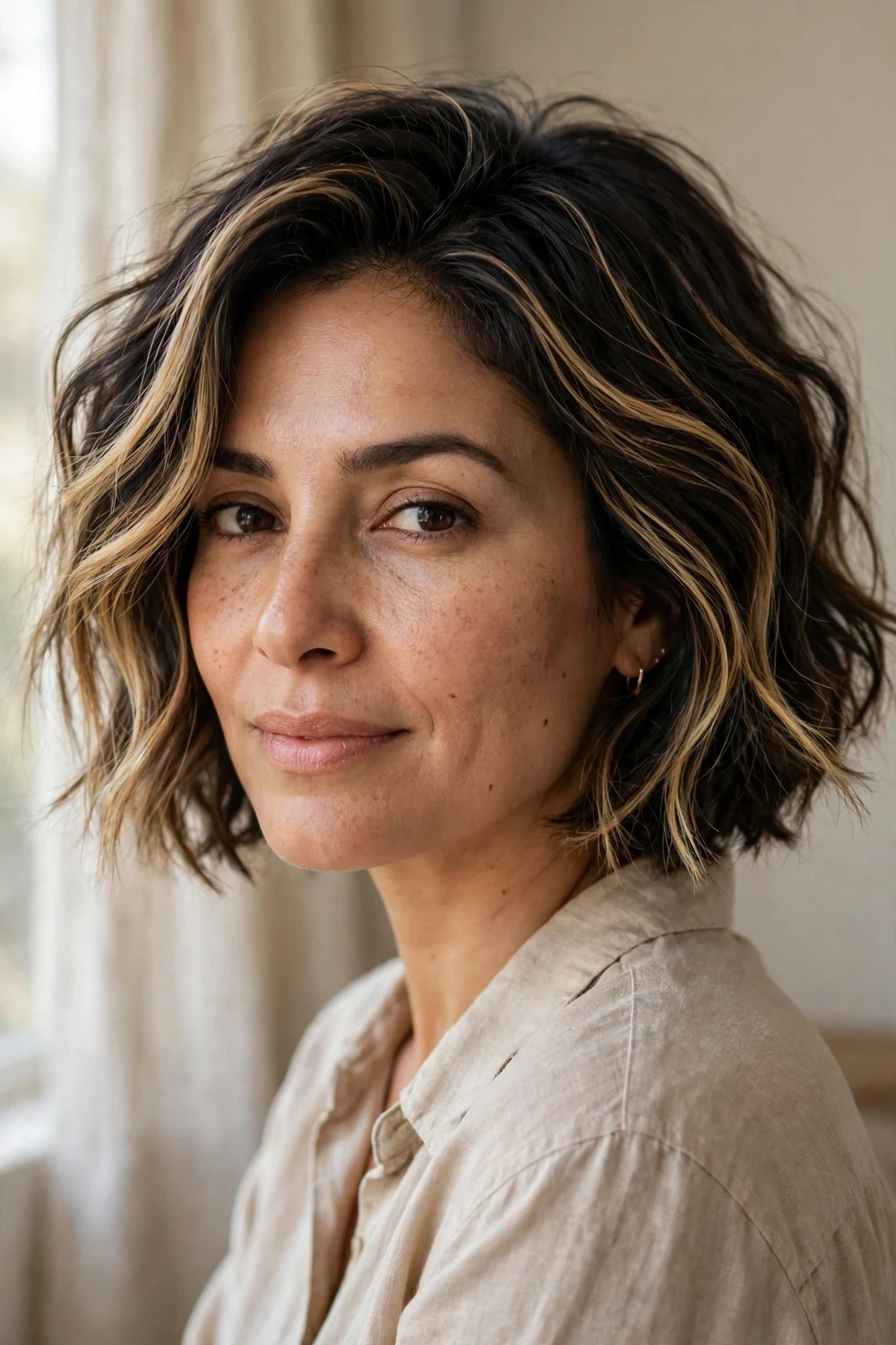 Tousled honey blonde balayage on dark bob