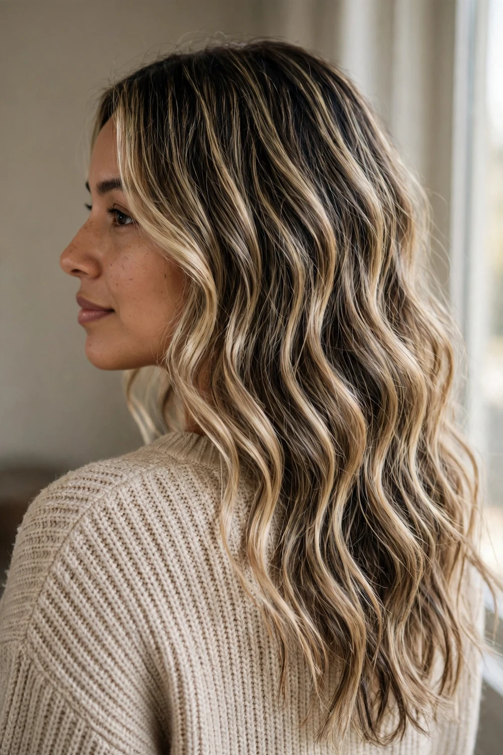 Full blonde balayage with lowlights on long wavy hair, back view