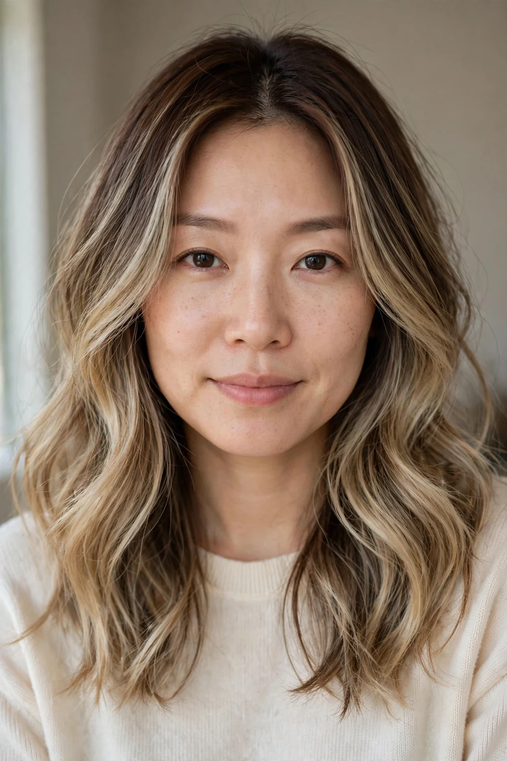 Light blonde balayage with lowlights on brown hair, front view