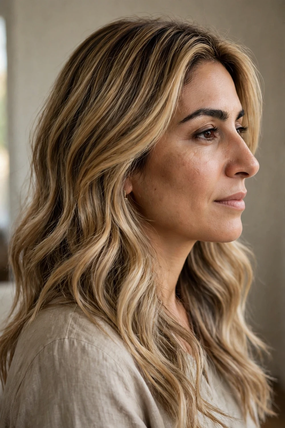 Honey blonde balayage with subtle beige lowlights, side view