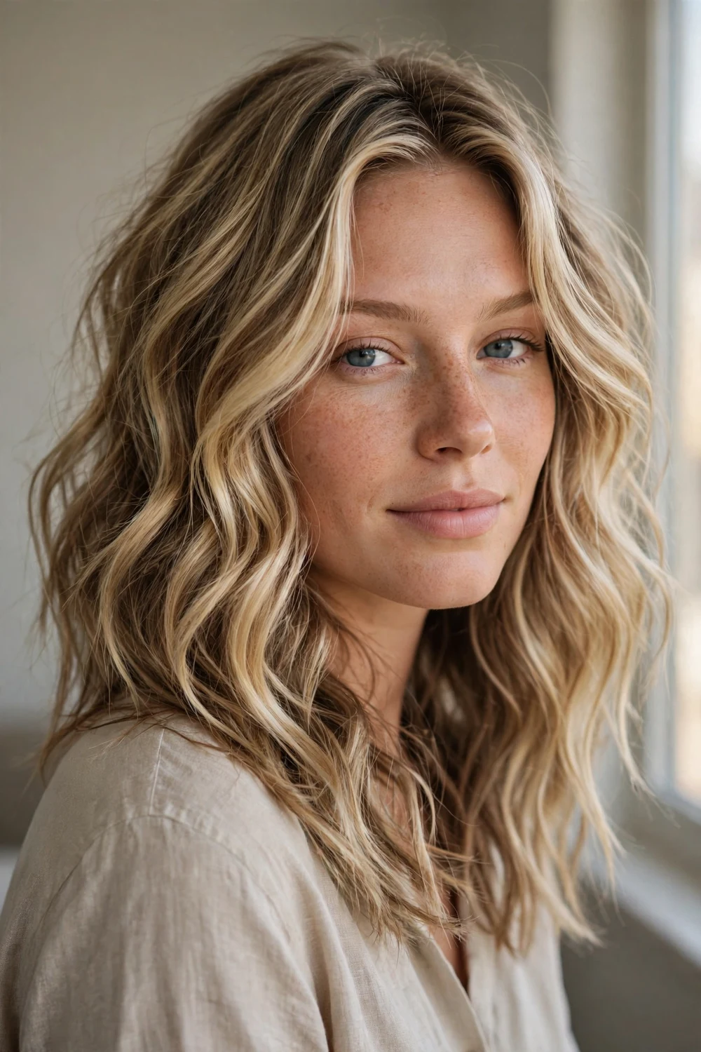 Sun-kissed beach blonde balayage with soft sandy lowlights, front view