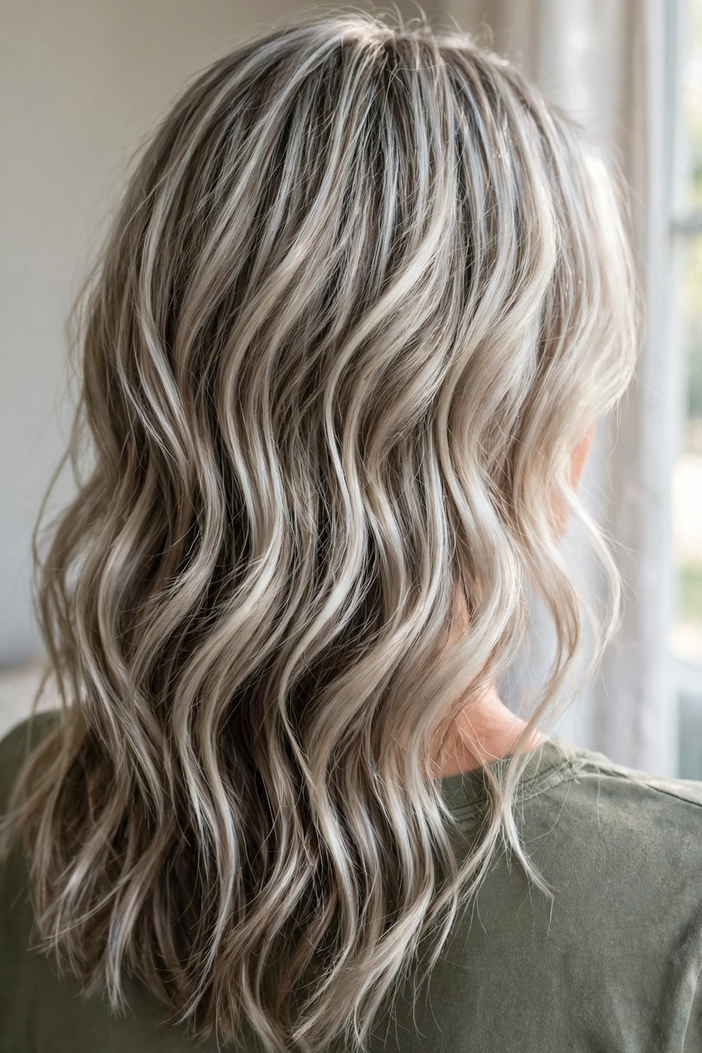 Cool ash blonde balayage with platinum highlights, back view