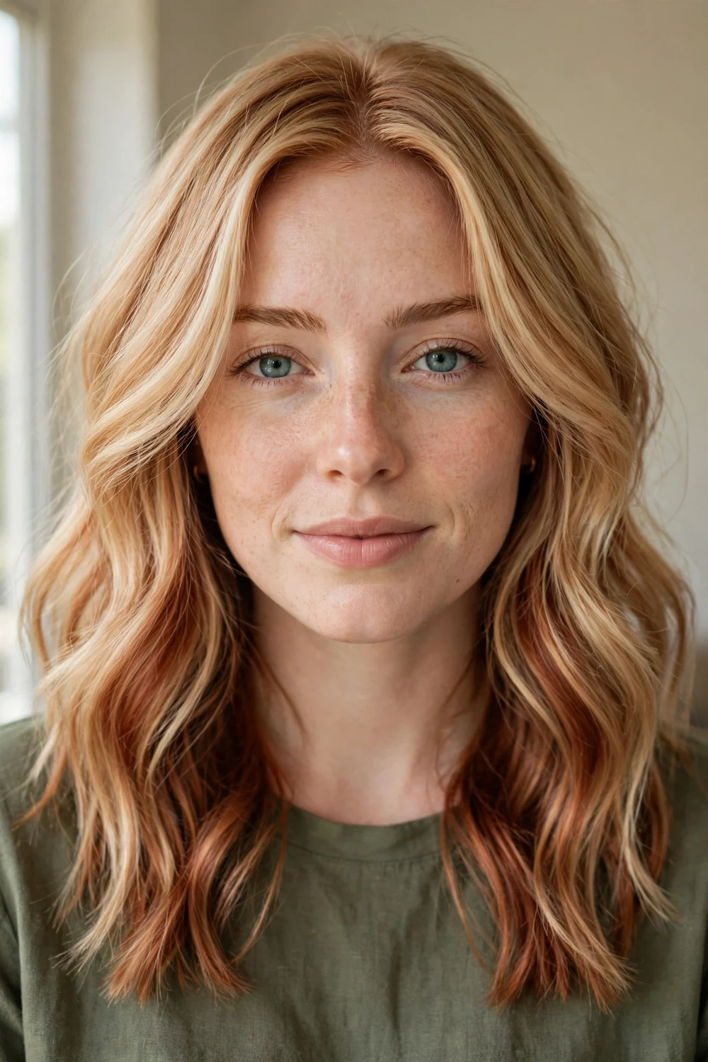 Strawberry blonde balayage with copper lowlights, front view