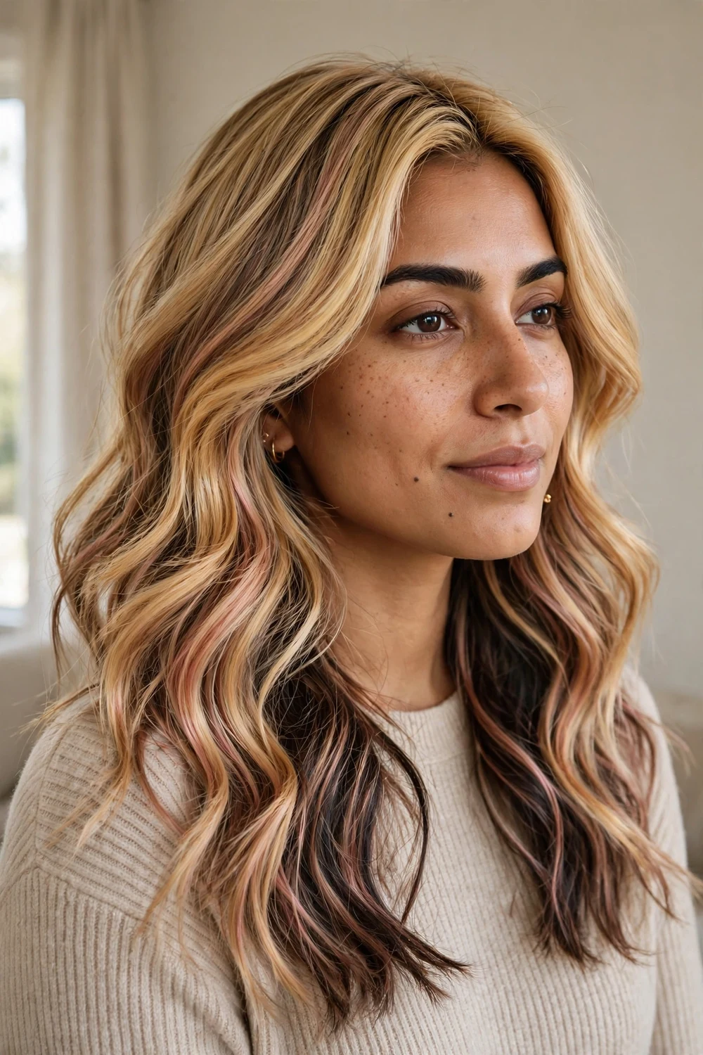 Dimensional golden balayage with a hint of rose gold, three-quarter view