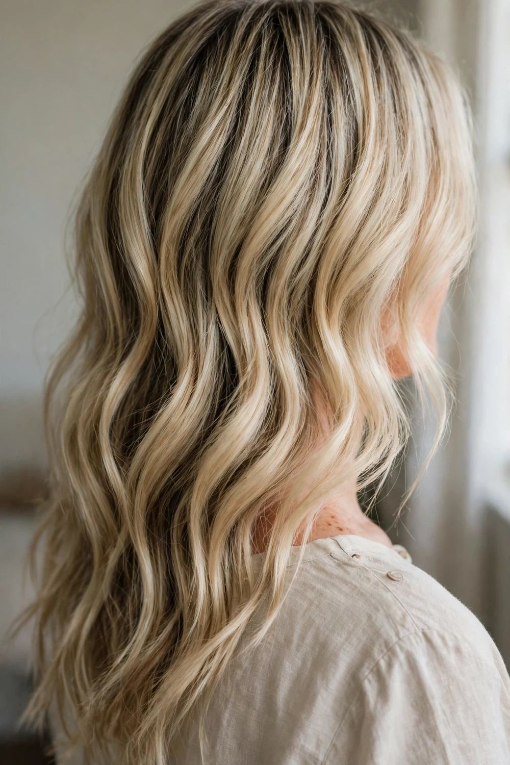 Creamy blonde balayage with shadow roots, back view