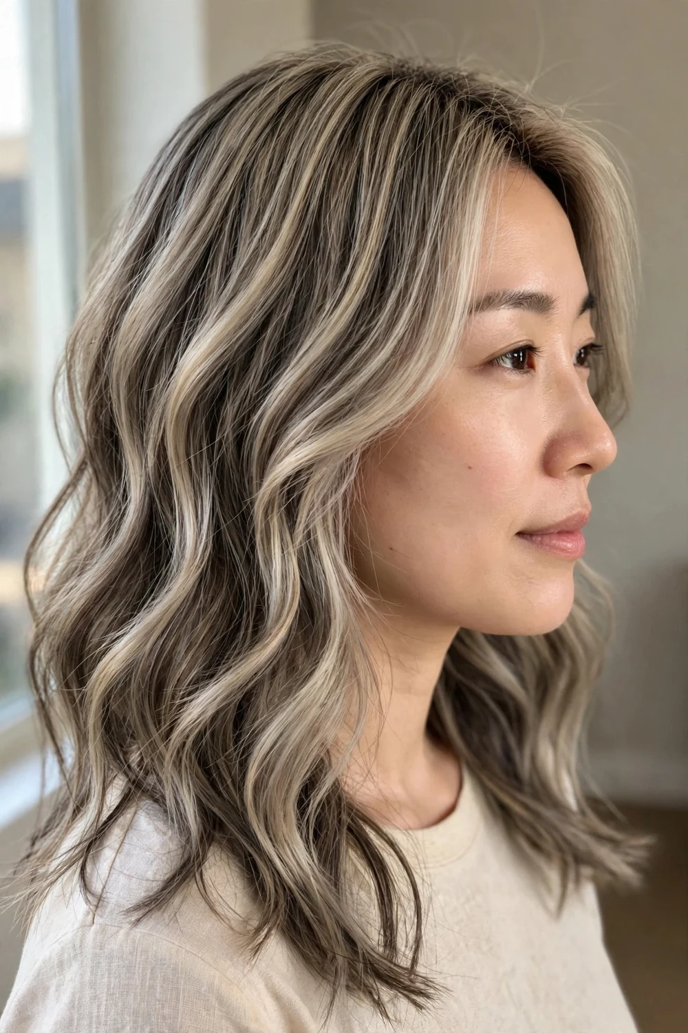 Smokey blonde balayage with ash lowlights, side view