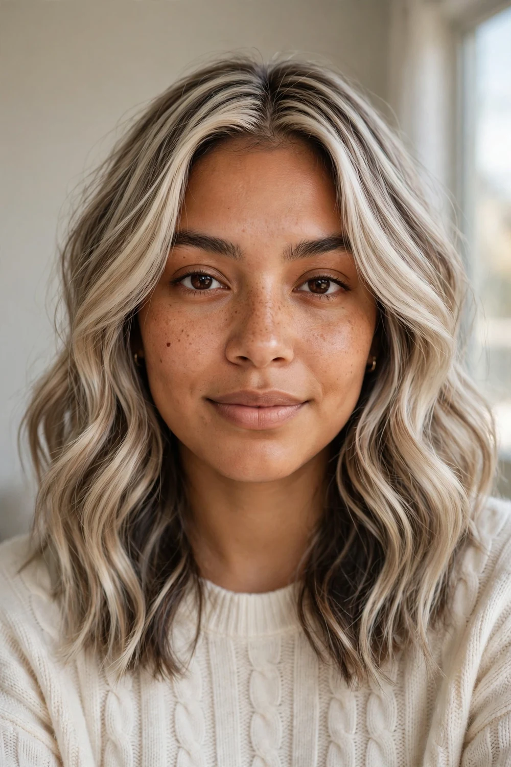 Beige blonde and platinum balayage with lowlights, front view